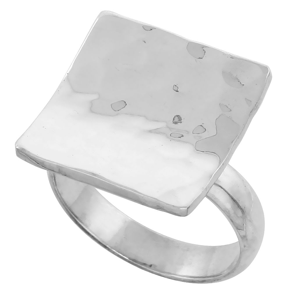 Sterling Silver Concave Square Ring for Women Polished Hammered finish 3/4 inch wide