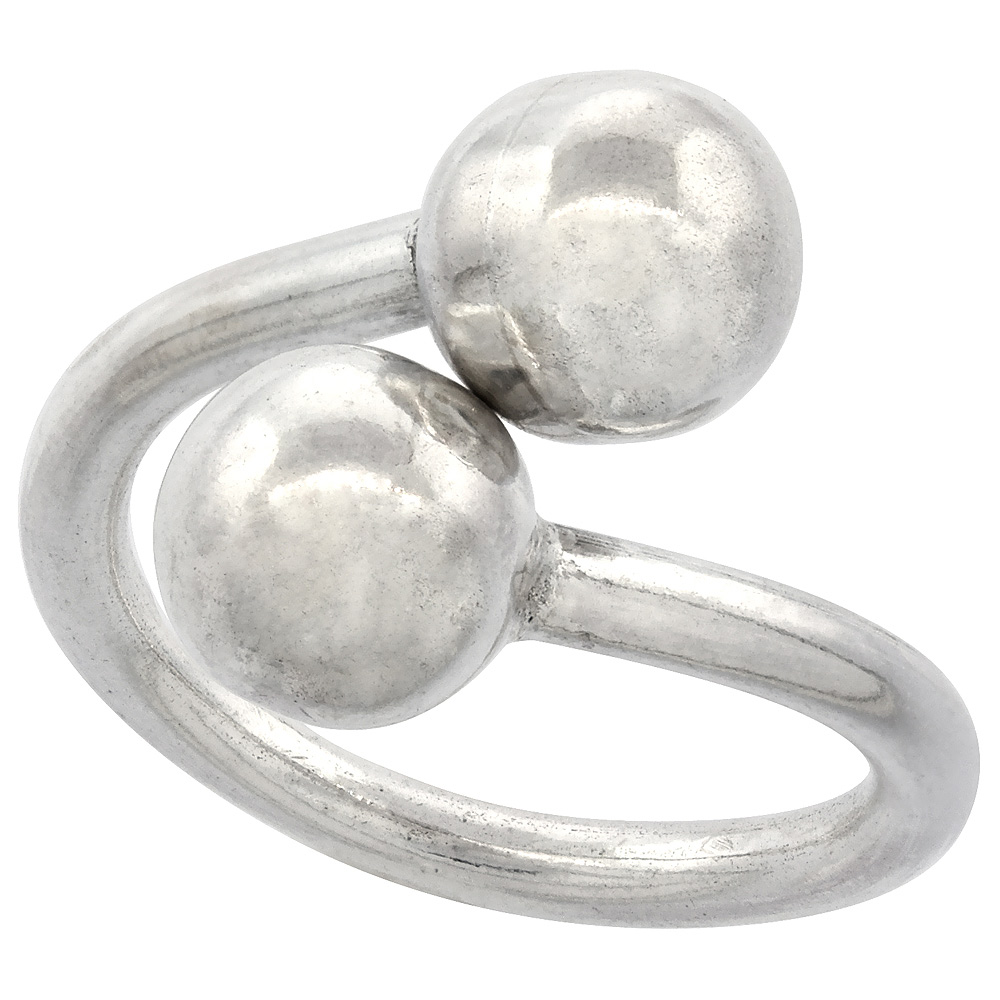 Sterling Silver Bypass Ring with Ball Ends for Women 5/8 inch wide sizes 6 - 10