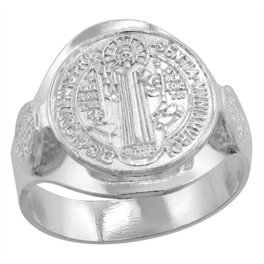 5/8 inch Round Sterling Silver Signet St Benedict Ring for Women sizes 5 - 10