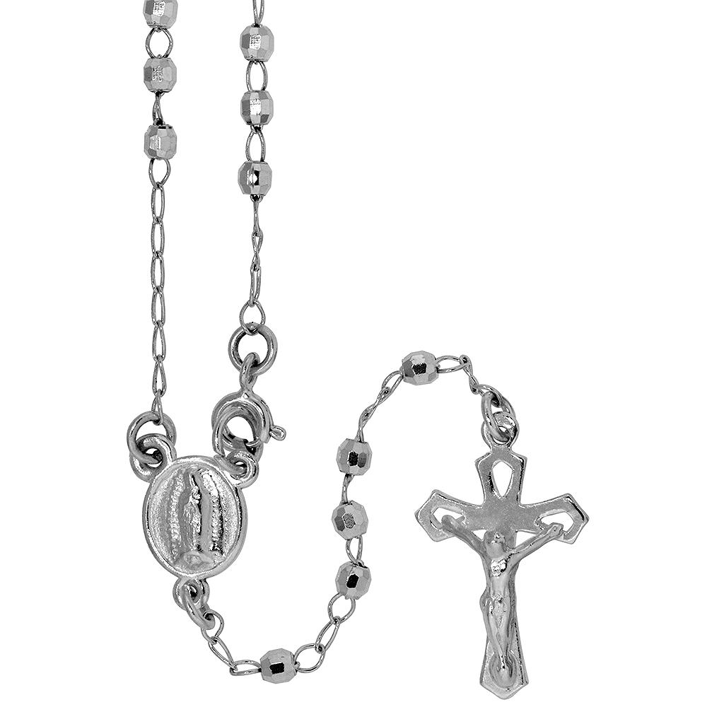 Sterling Silver 3 mm Diamond Cut Rosary Necklace for Women and Men Guadalupe Medal Center Nickel Free