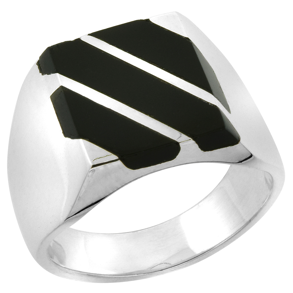 Sterling Silver Black Obsidian Ring for Men Square Triple Diagonal Solid Back Handmade sizes 9 - 13
