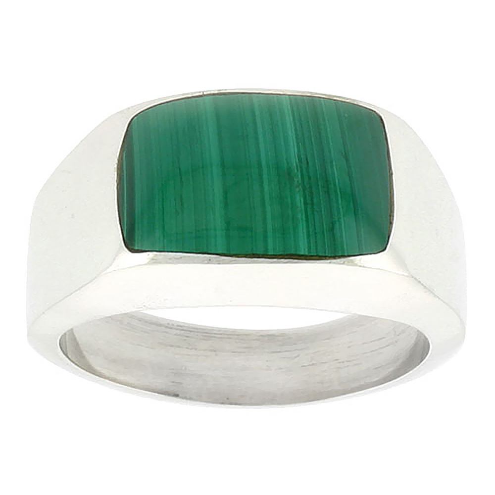 Sterling Silver Malachite Ring for Men Rectangular Domed Solid Back Handmade sizes 9 - 13