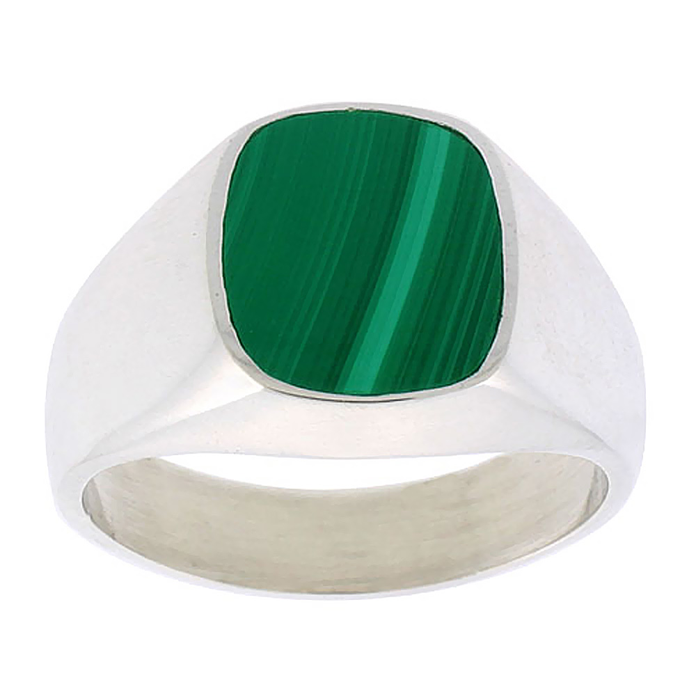 Sterling Silver Malachite Ring for Men Square rounded Flat Solid Back Handmade sizes 9 - 13