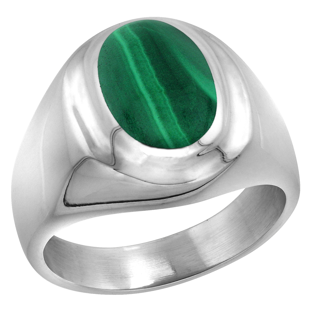 Sterling Silver Malachite Ring for Men Oval Recessed Rim Solid Back Handmade sizes 8 - 14