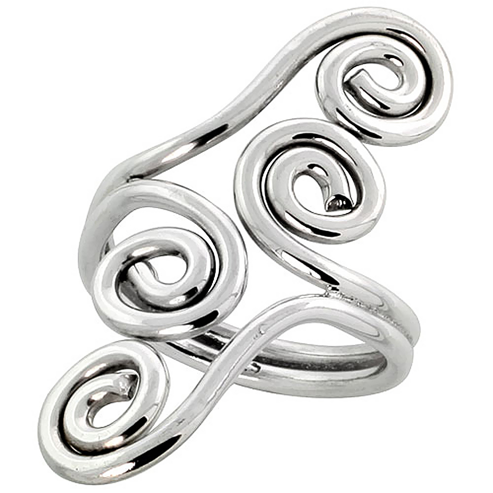 Sterling Silver Wire Wrap Ring for Women Double Swirls Bypass Handmade 1 1/4 inch long sizes 6 - 10