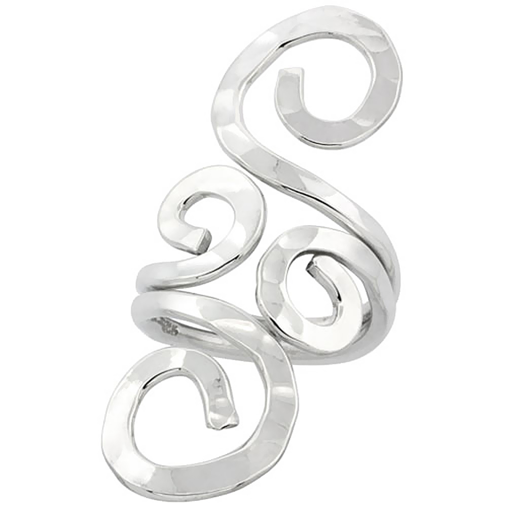 Sterling Silver Wire Wrap Ring for Women Hammered S Curves Handmade 1 3/4 inch long sizes 6 - 10