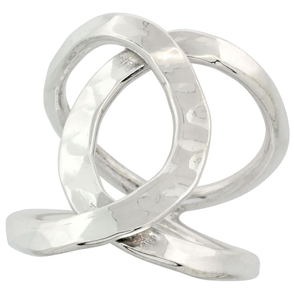 Sterling Silver Wire Wrap Ring for Women Hammered Loops Bypass Handmade 1 inch long sizes 6 - 10