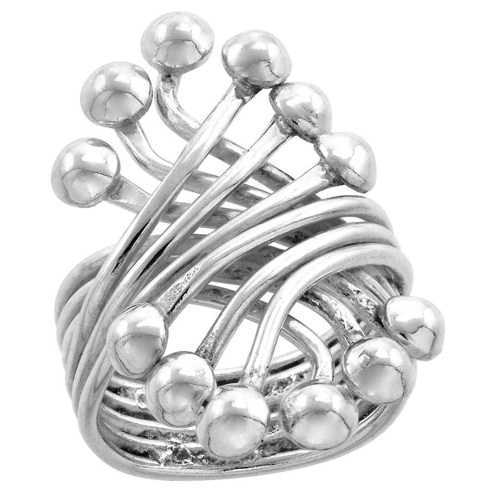 Sterling Silver Wire Wrap Ring for Women Bypass Bead Cluster Handmade 1 3/16 inch long sizes 6 - 10