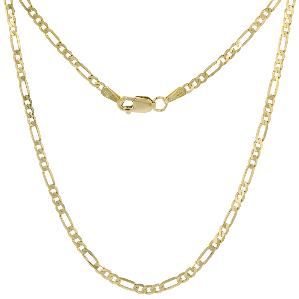 2-4 mm Solid Yellow 14k Gold Figaro Chain Necklaces & Bracelets for Women & Men Beveled Edges Lobster Clasp High Polish 8-28 inc
