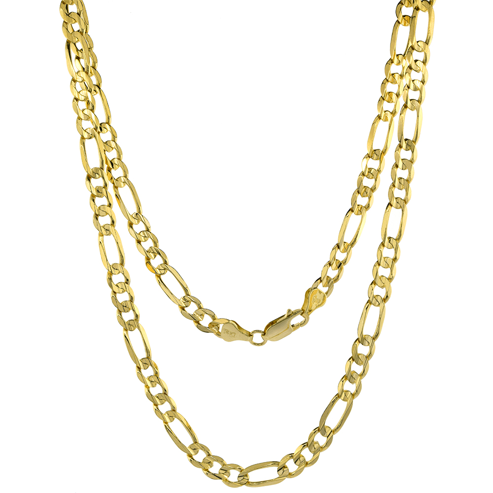 4.5-6 mm Solid Yellow 14k Gold Figaro Chain Necklaces & Bracelets for Men & Women Lobster Clasp Concaved Beveled Edges High Poli