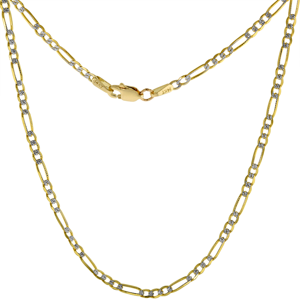 Solid 14k 2-tone Gold Pave Diamond cut 2mm Figaro Chain Necklaces & Bracelets for Women & Men Lobster Clasp 7-24 inch