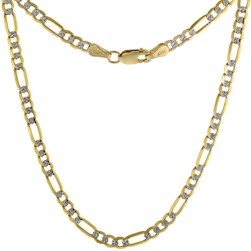 Solid 14k 2-tone Gold Pave Diamond cut 3mm Figaro Chain Necklaces & Bracelets for Women & Men Lobster Clasp 7-24 inch