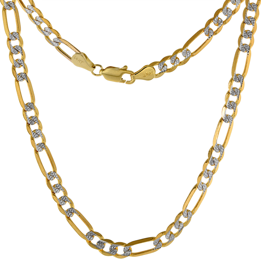 Solid 14k 2-tone Gold Pave Diamond cut 4.5mm Figaro Chain Necklaces & Bracelets for Women & Men Lobster Clasp 8-26 inch