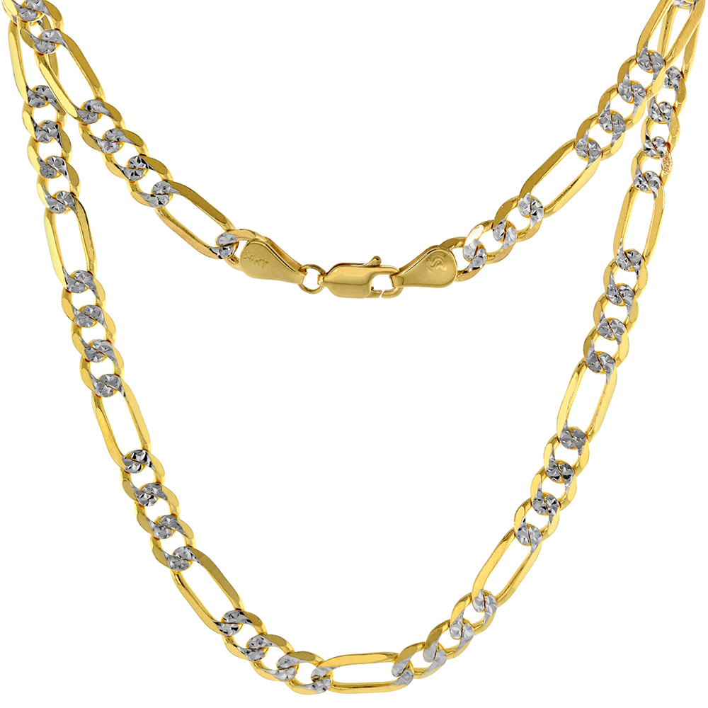 Solid 14k 2-tone Gold Pave Diamond cut 5.5mm Figaro Chain Necklaces & Bracelets for Men and Women Lobster Clasp 8-30 inch