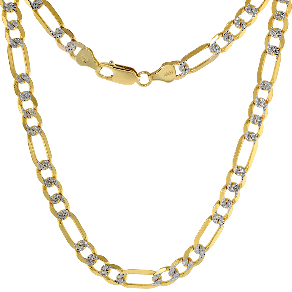 Solid 14k 2-tone Gold Pave Diamond cut 7mm Figaro Chain Necklaces & Bracelets for Men and Women Lobster Clasp 8-30 inch