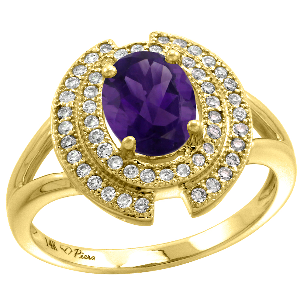 14k Yellow Gold Diamond Halo Genuine Amethyst Engagement Ring Oval 8x6mm, size 5-10