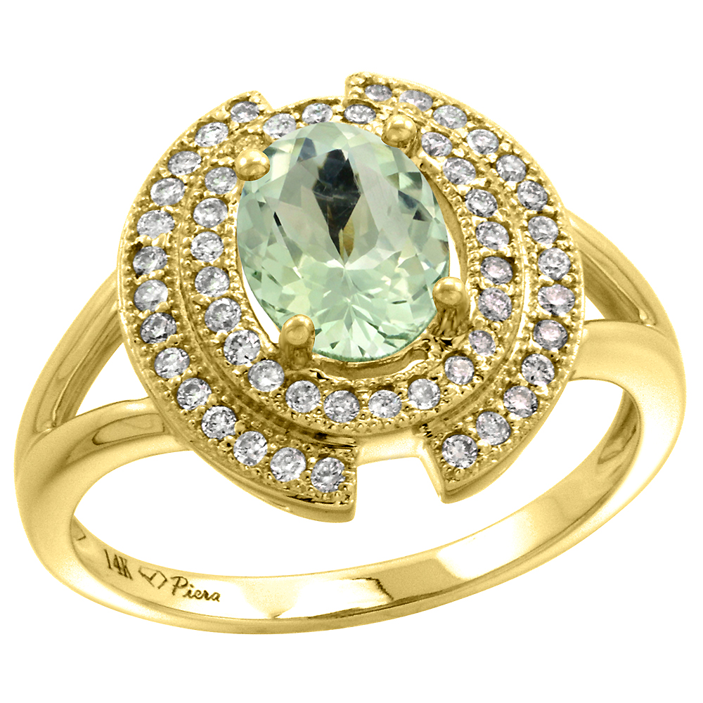 14k Yellow Gold Diamond Halo Genuine Green Amethyst Engagement Ring Oval 8x6mm, size 5-10