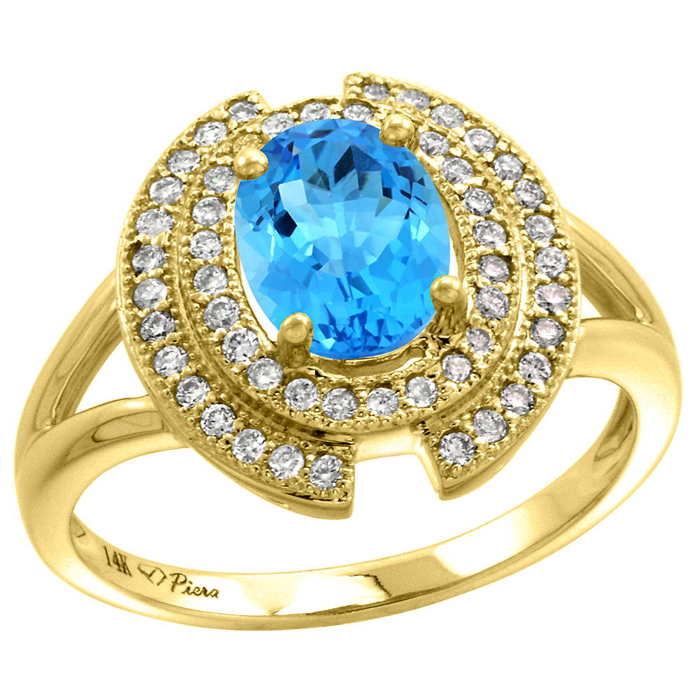 14k Yellow Gold Diamond Halo Genuine Swiss Blue Topaz Engagement Ring Oval 8x6mm, size 5-10
