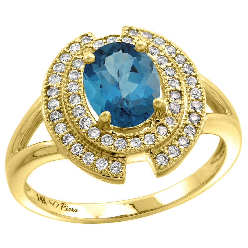 14k Yellow Gold Diamond Halo Genuine London Blue Topaz Engagement Ring Oval 8x6mm, size 5-10