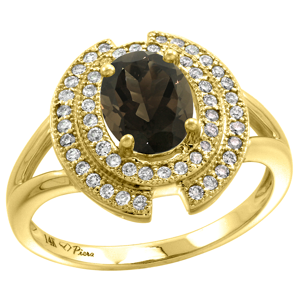 14k Yellow Gold Diamond Halo Genuine Smoky Topaz Engagement Ring Oval 8x6mm, size 5-10