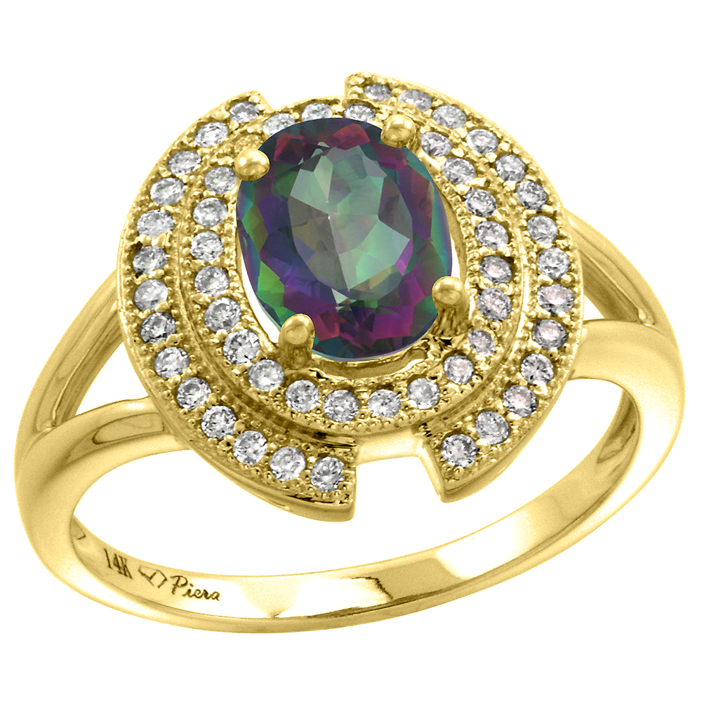 14k Yellow Gold Diamond Halo Genuine Mystic Topaz Engagement Ring Oval 8x6mm, size 5-10