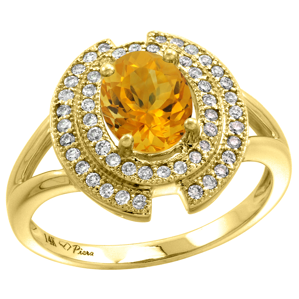 14k Yellow Gold Diamond Halo Genuine Citrine Engagement Ring Oval 8x6mm, size 5-10