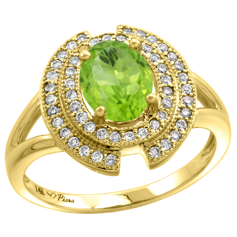 14k Yellow Gold Diamond Halo Genuine Peridot Engagement Ring Oval 8x6mm, size 5-10