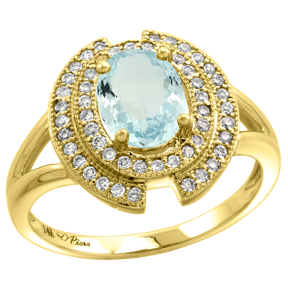 14k Yellow Gold Diamond Halo Genuine Aquamarine Engagement Ring Oval 8x6mm, size 5-10