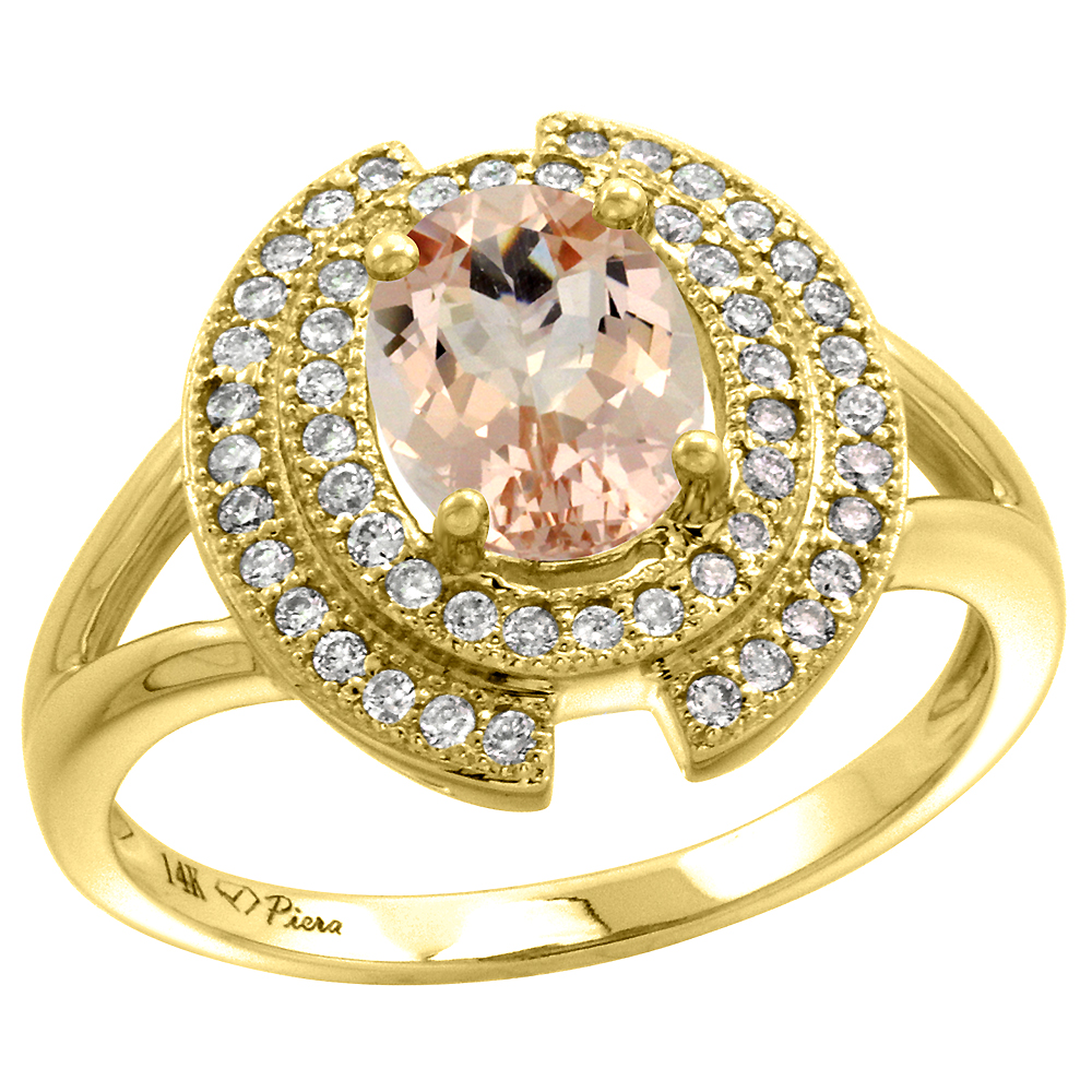 14k Yellow Gold Diamond Halo Genuine Morganite Engagement Ring Oval 8x6mm, size 5-10