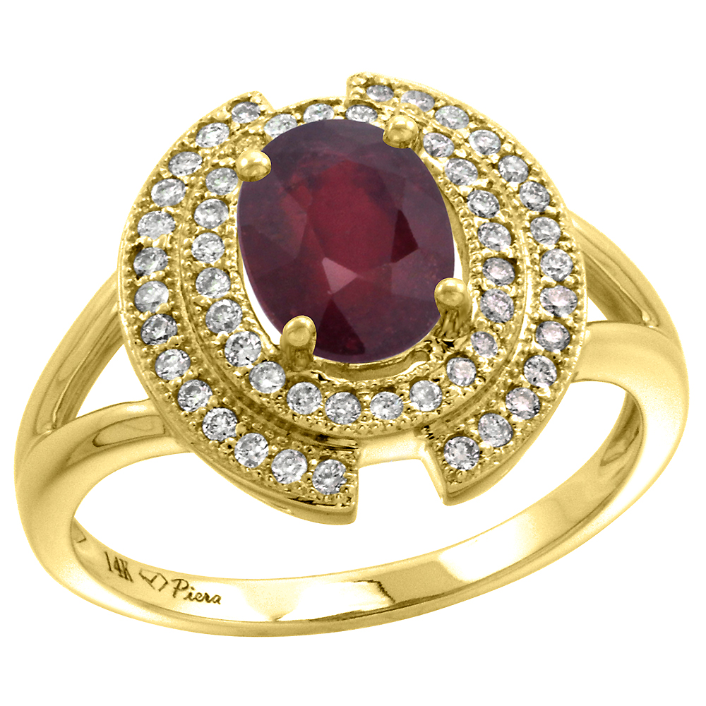 14k Yellow Gold Diamond Halo Enhanced Genuine Ruby Engagement Ring Oval 8x6mm, size 5-10