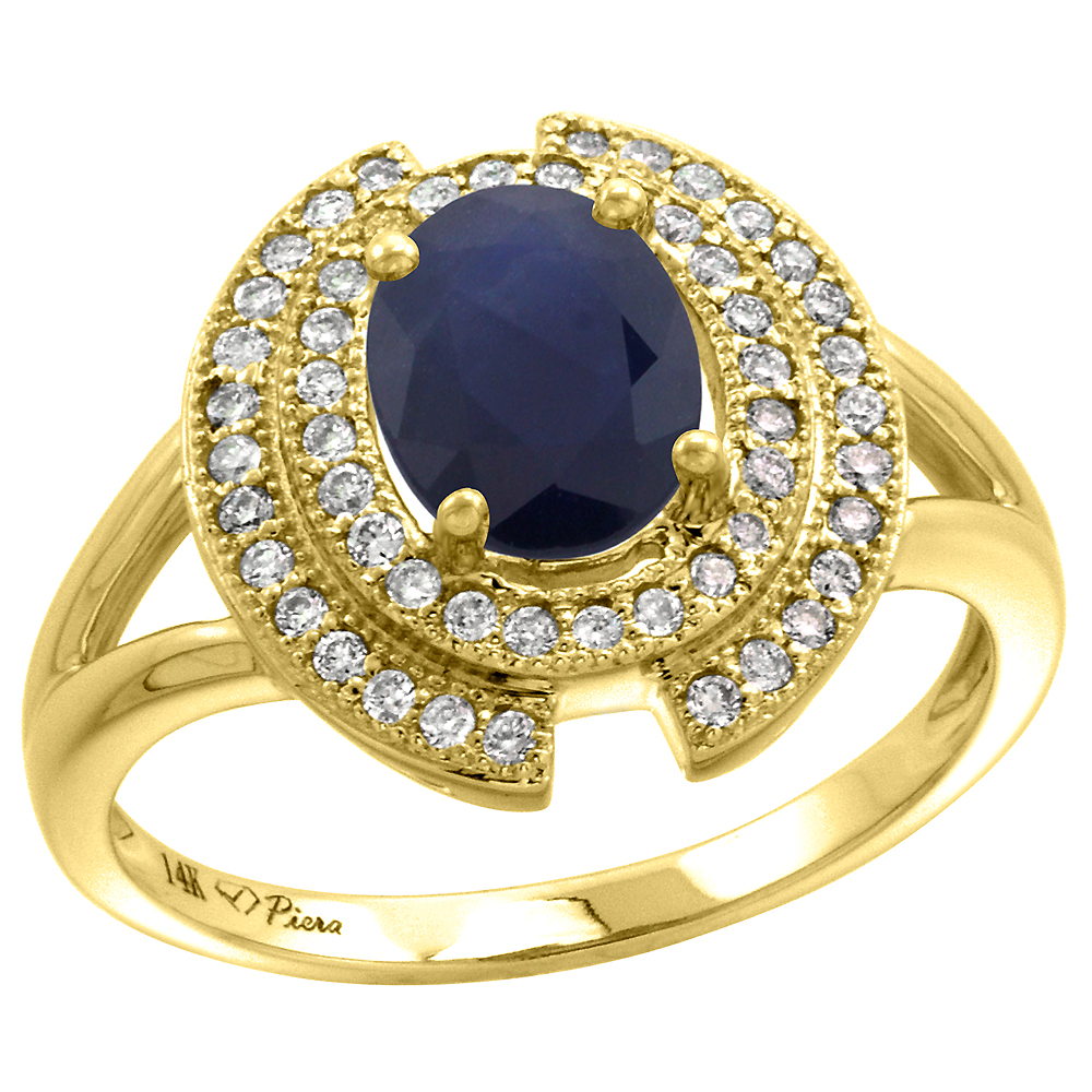 14k Yellow Gold Diamond Halo Genuine Blue Sapphire Engagement Ring Oval 8x6mm, size 5-10