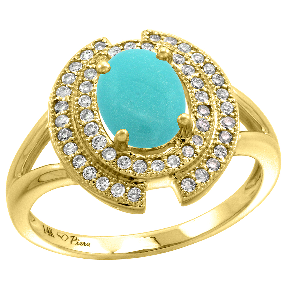 14k Yellow Gold Diamond Halo Genuine Turquoise Engagement Ring Oval 8x6mm, size 5-10