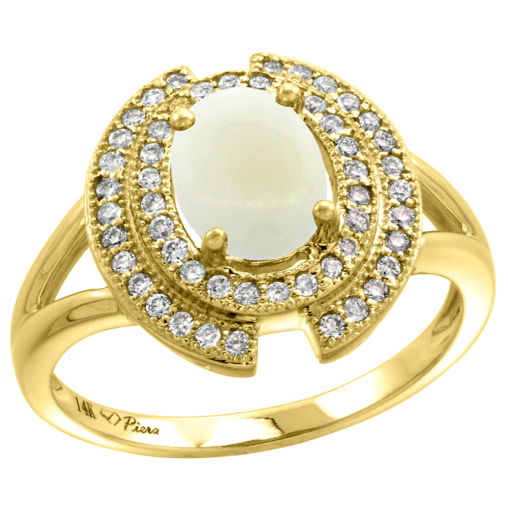 14k Yellow Gold Diamond Halo Genuine Opal Engagement Ring Oval 8x6mm, size 5-10
