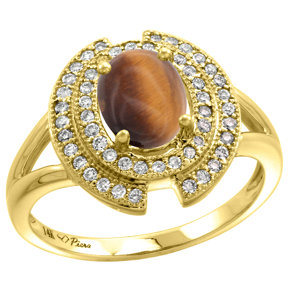 14k Yellow Gold Diamond Halo Genuine Tiger Eye Engagement Ring Oval 8x6mm, size 5-10