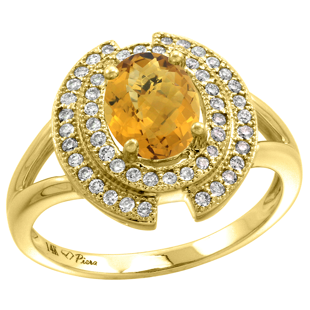 14k Yellow Gold Diamond Halo Genuine Whisky Quartz Engagement Ring Oval 8x6mm, size 5-10