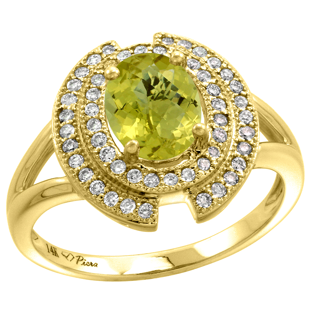 14k Yellow Gold Diamond Halo Genuine Lemon Quartz Engagement Ring Oval 8x6mm, size 5-10
