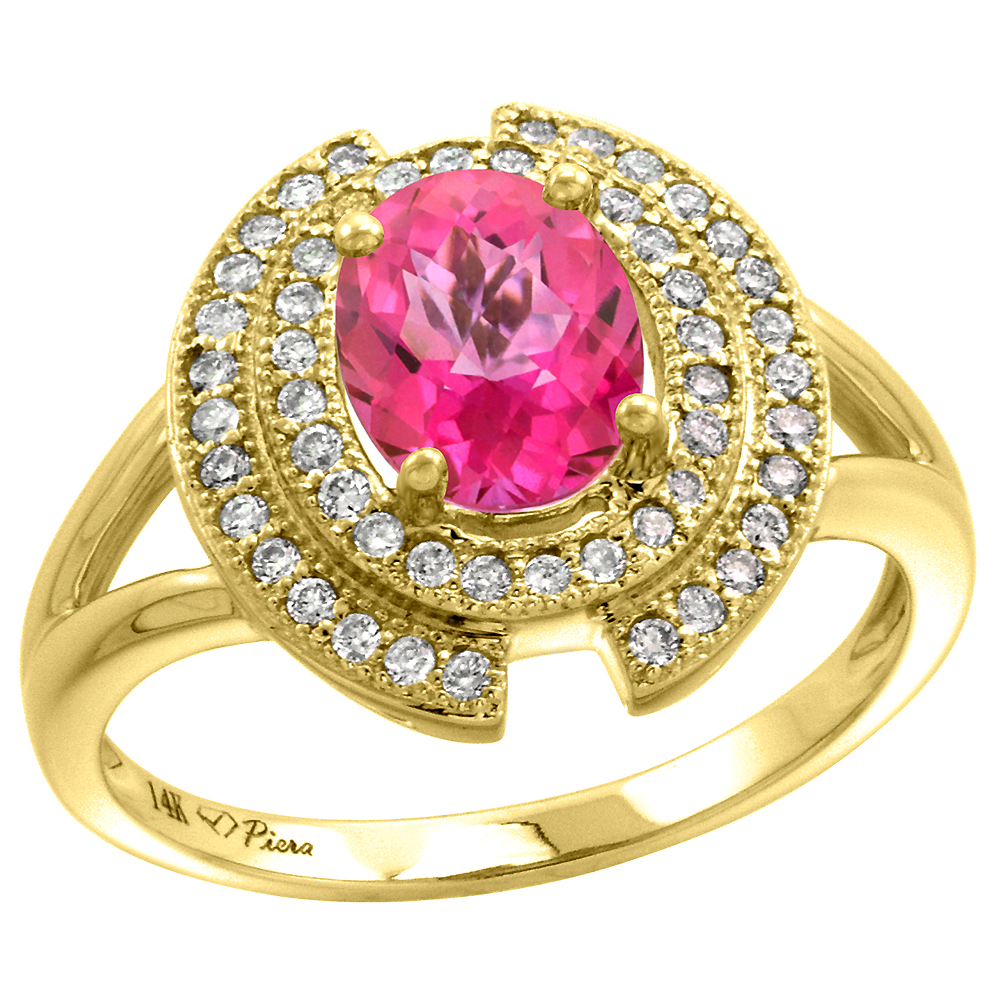 14k Yellow Gold Diamond Halo Genuine Pink Sapphire Engagement Ring Oval 8x6mm, size 5-10