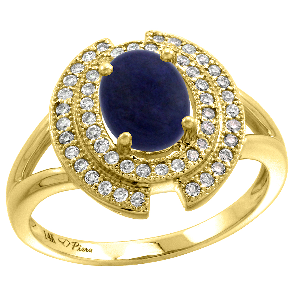 14k Yellow Gold Diamond Halo Genuine Lapis Lazuli Engagement Ring Oval 8x6mm, size 5-10