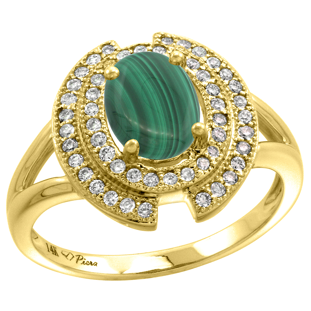 14k Yellow Gold Diamond Halo Genuine Malachite Engagement Ring Oval 8x6mm, size 5-10