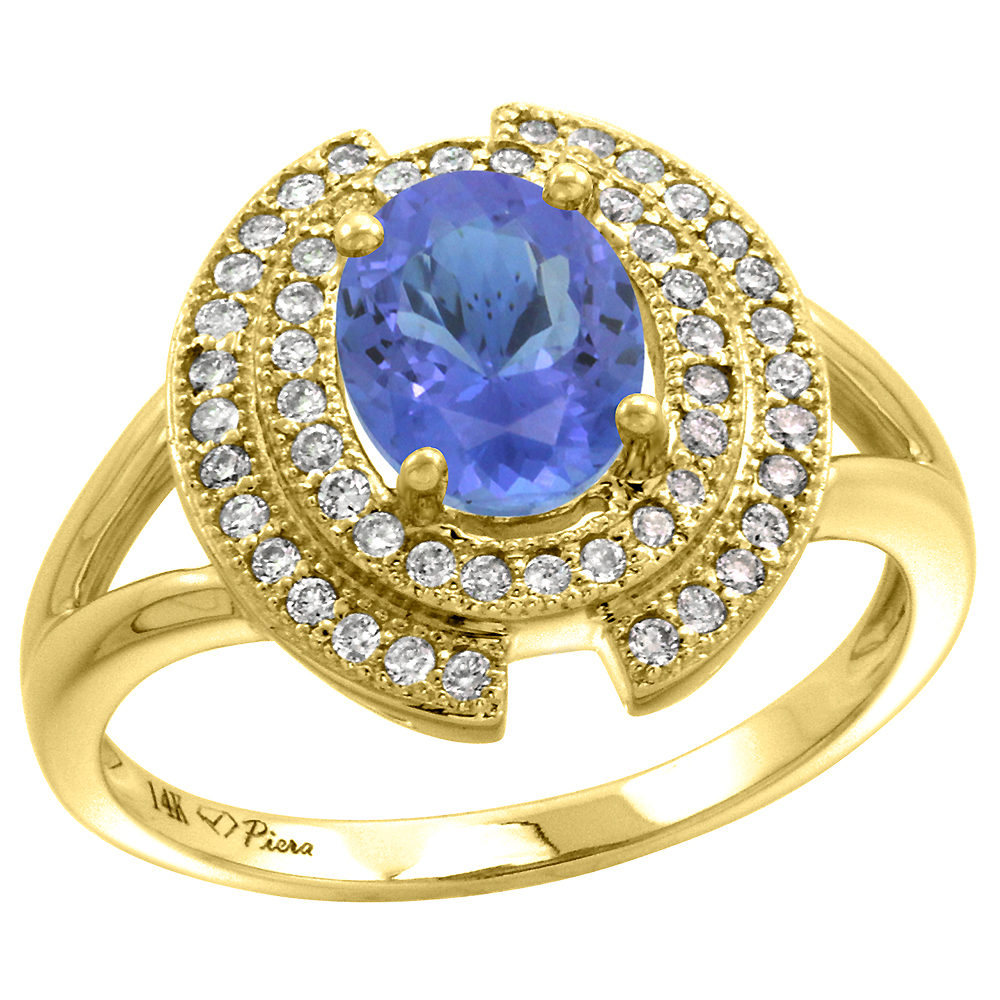 14k Yellow Gold Diamond Halo Genuine Tanzanite Engagement Ring Oval 8x6mm, size 5-10