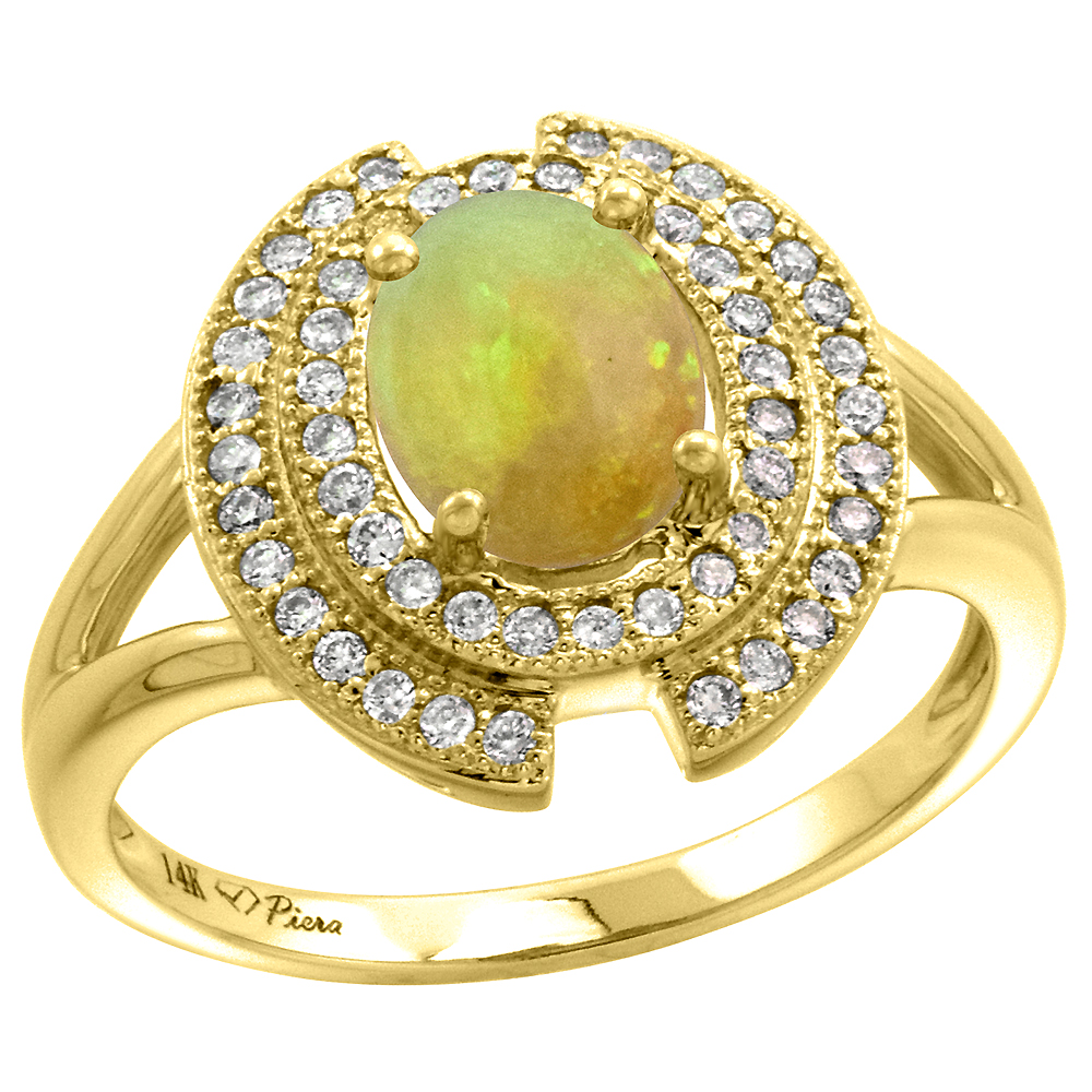 14k Yellow Gold Diamond Halo Genuine Ethiopian Opal Engagement Ring Oval 8x6mm, size 5-10