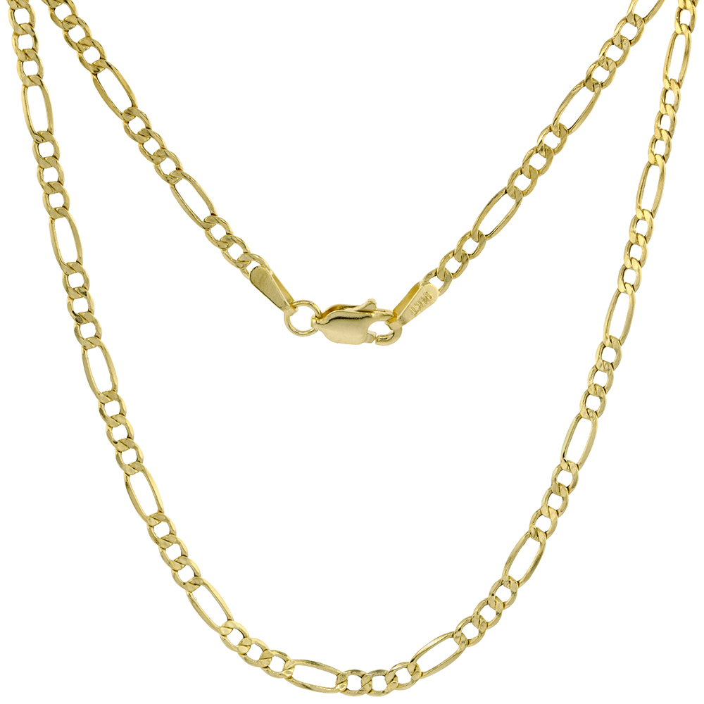 Hollow 14k Gold 2.5mm Figaro Link Chain Necklace for Men & Women 7-24 inch long