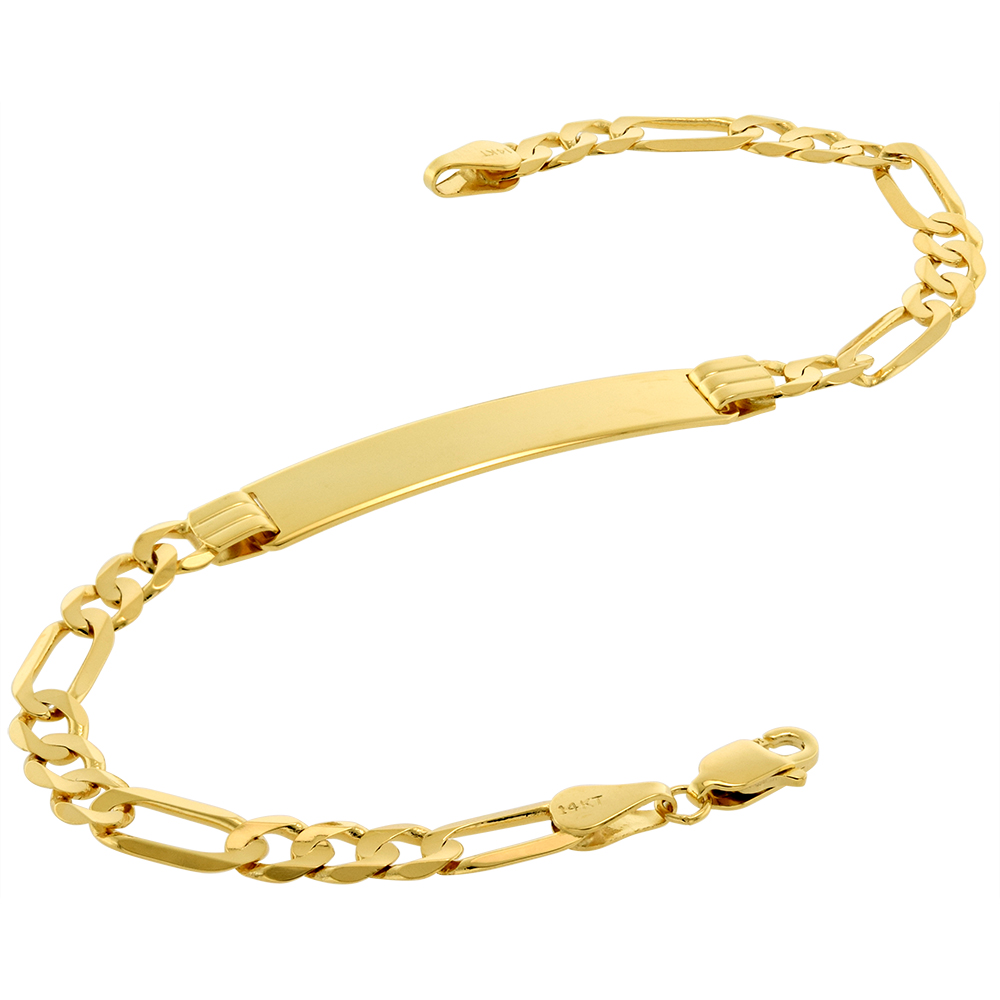 Real 14k Gold 7mm ID Bracelet for Men with 5mm Figaro Link Chain Solid Engravable 8 inch