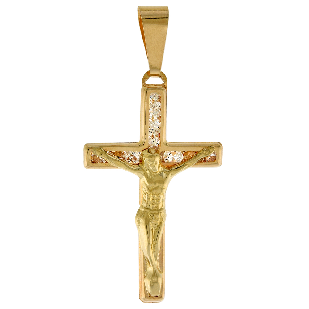 1 inch (26mm) tall Genuine 14K Yellow Gold Cubic Zirconia Crucifix Pendant for Women & Men NO Chain