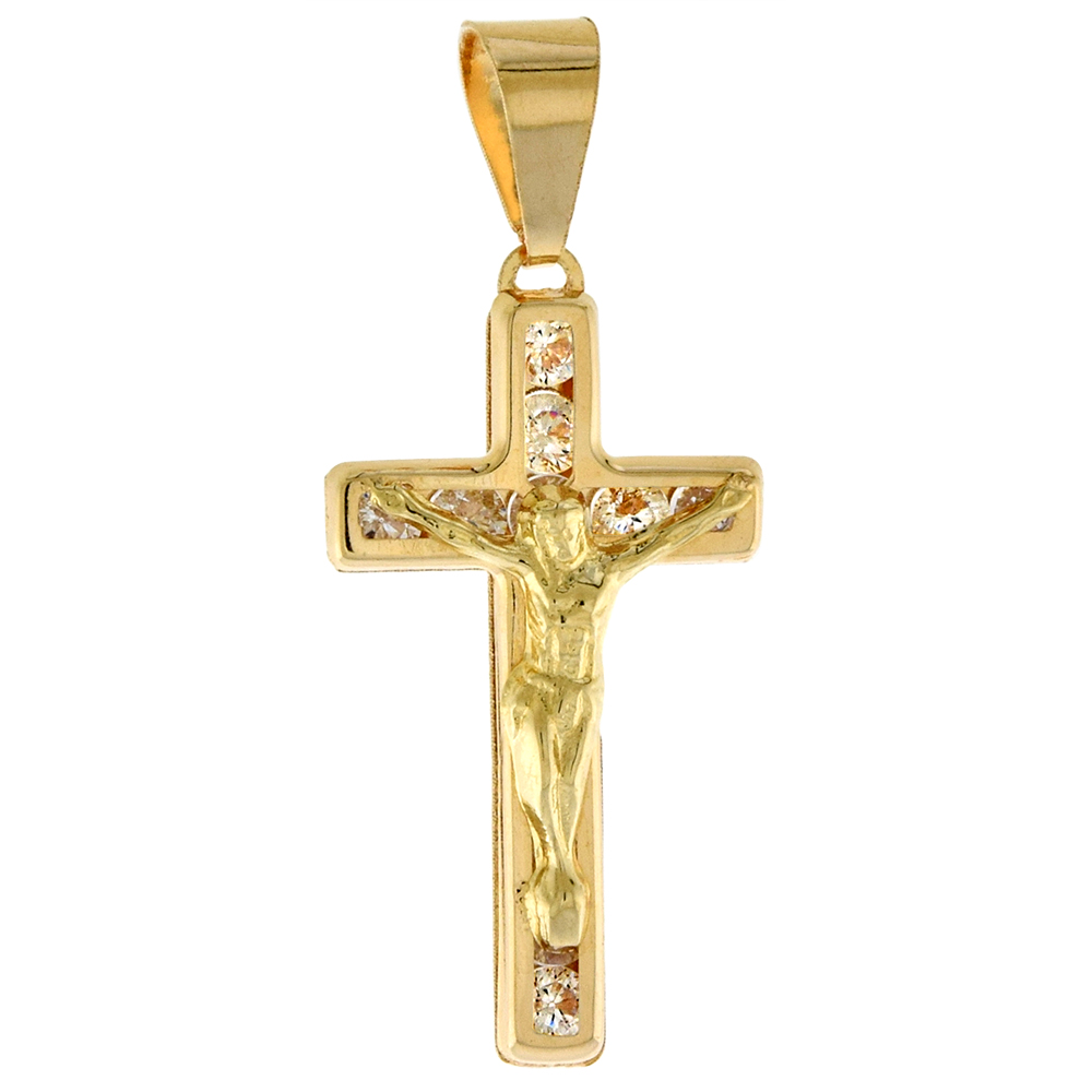 7/8 inch (22mm) tall Genuine 14K Yellow Gold Cubic Zirconia Crucifix Pendant for Women & Men NO Chain