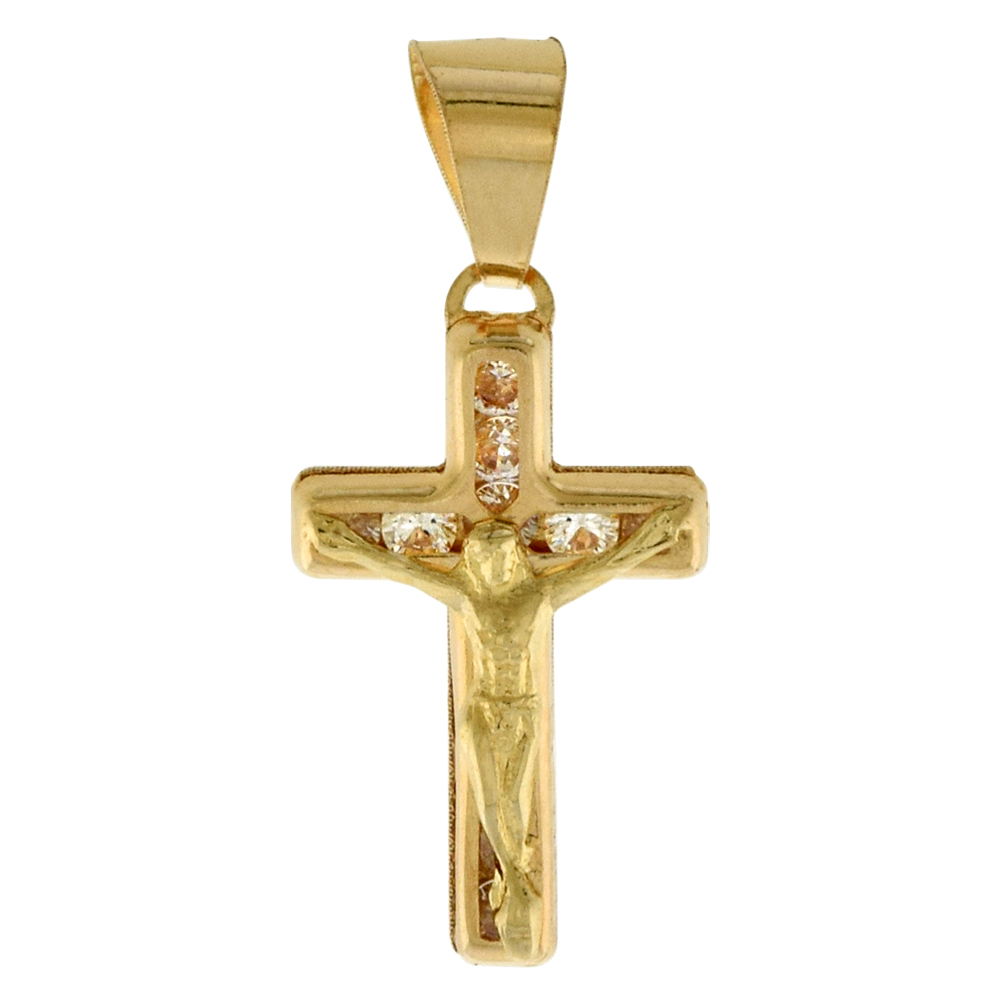 5/8 inch (15mm) tall Genuine 14K Yellow Gold Cubic Zirconia Crucifix Pendant for Women & Men NO Chain
