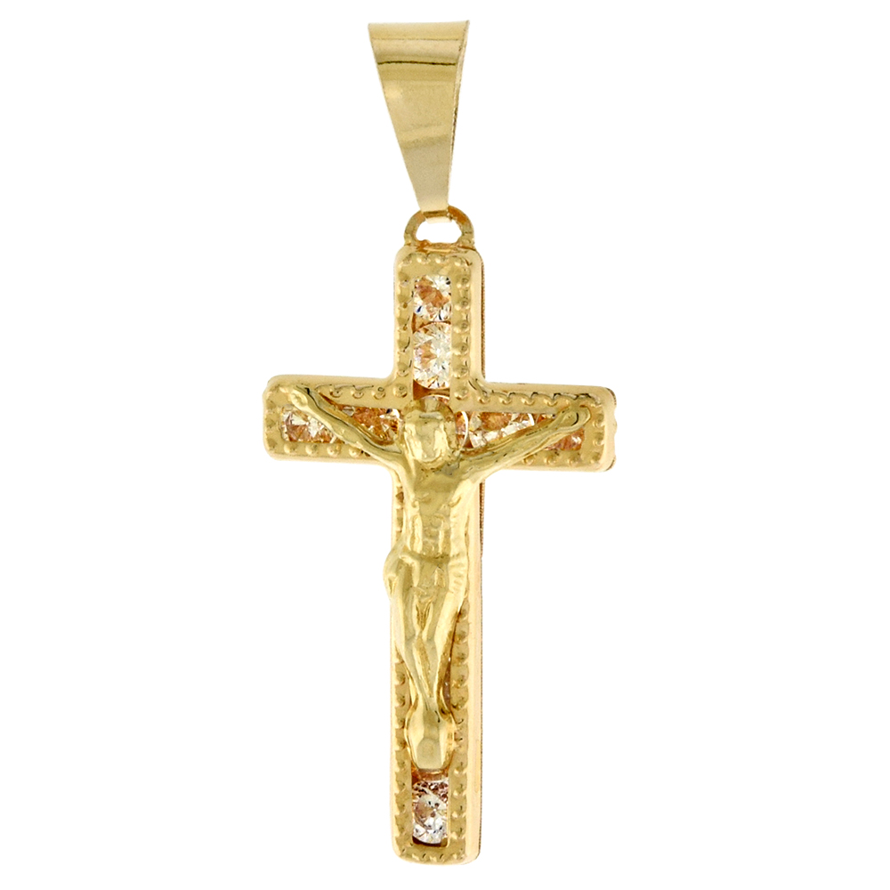 7/8 inch (22mm) tall Genuine 14K Yellow Gold Cubic Zirconia Crucifix Pendant for Women & Men Beaded Edges NO Chain
