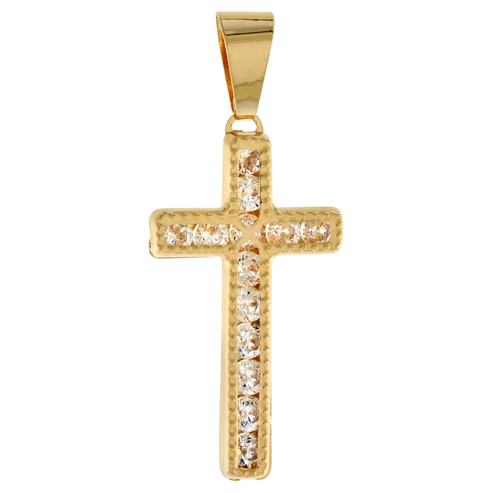 7/8 inch (22mm) tall Genuine 14K Yellow Gold Cubic Zirconia Cross Pendant for Women & Men Beaded Edges NO Chain