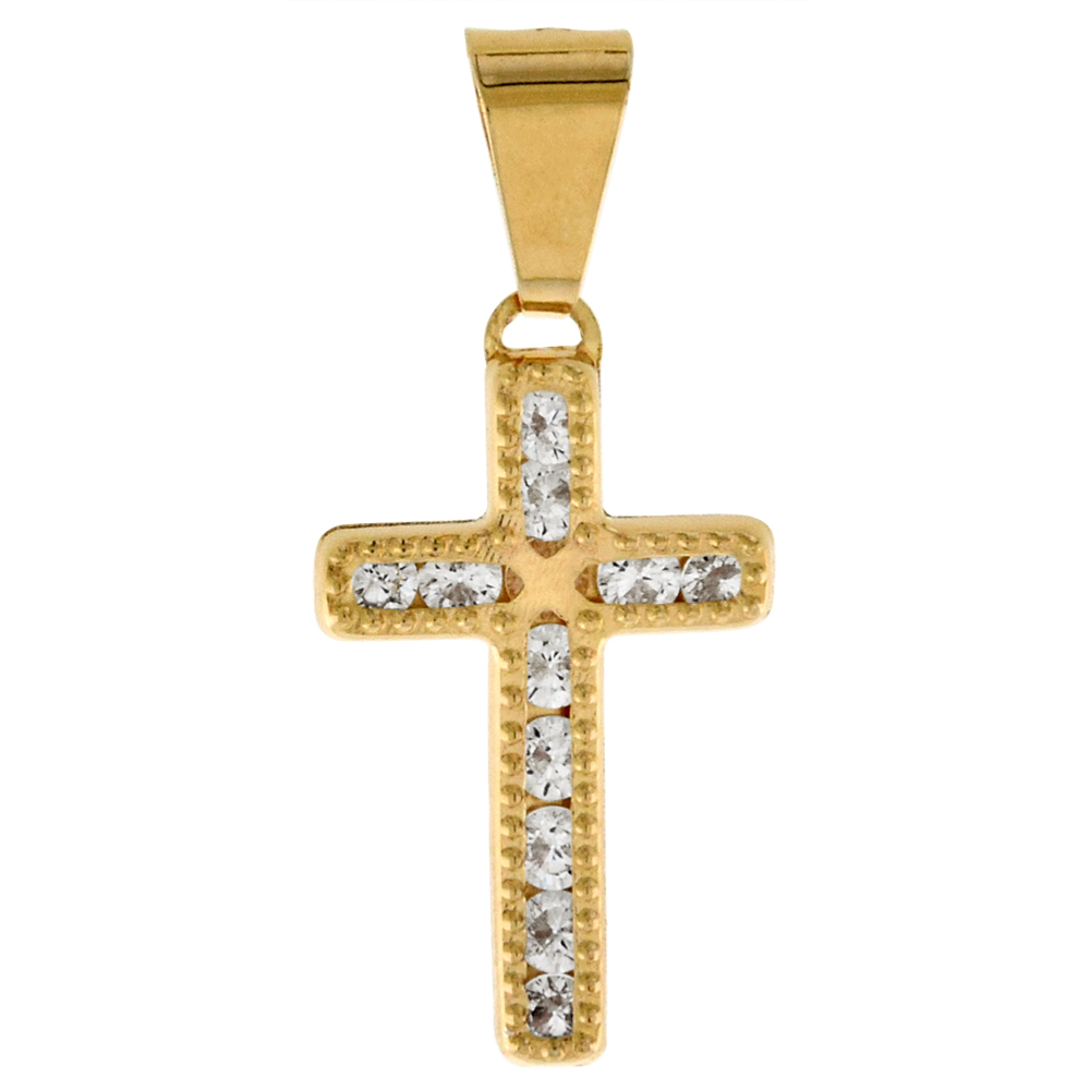 5/8 inch (15mm) tall Genuine 14K Yellow Gold Cubic Zirconia Cross Pendant for Women & Men Beaded Edges NO Chain