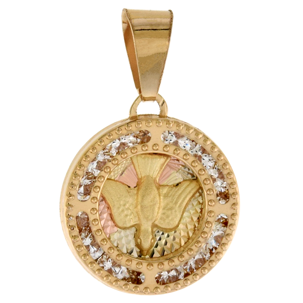 1/2 inch (13mm) Round Genuine 14K 3-Color Gold Cubic Zirconia Descending Dove Holy Spirit Pendant for Women & Men Diamond Cut Back NO Chain